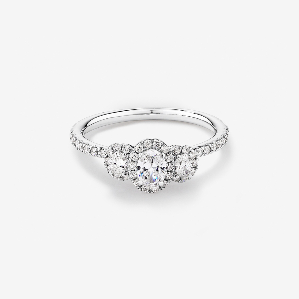 Three Stone Oval Cut Halo Engagement Ring